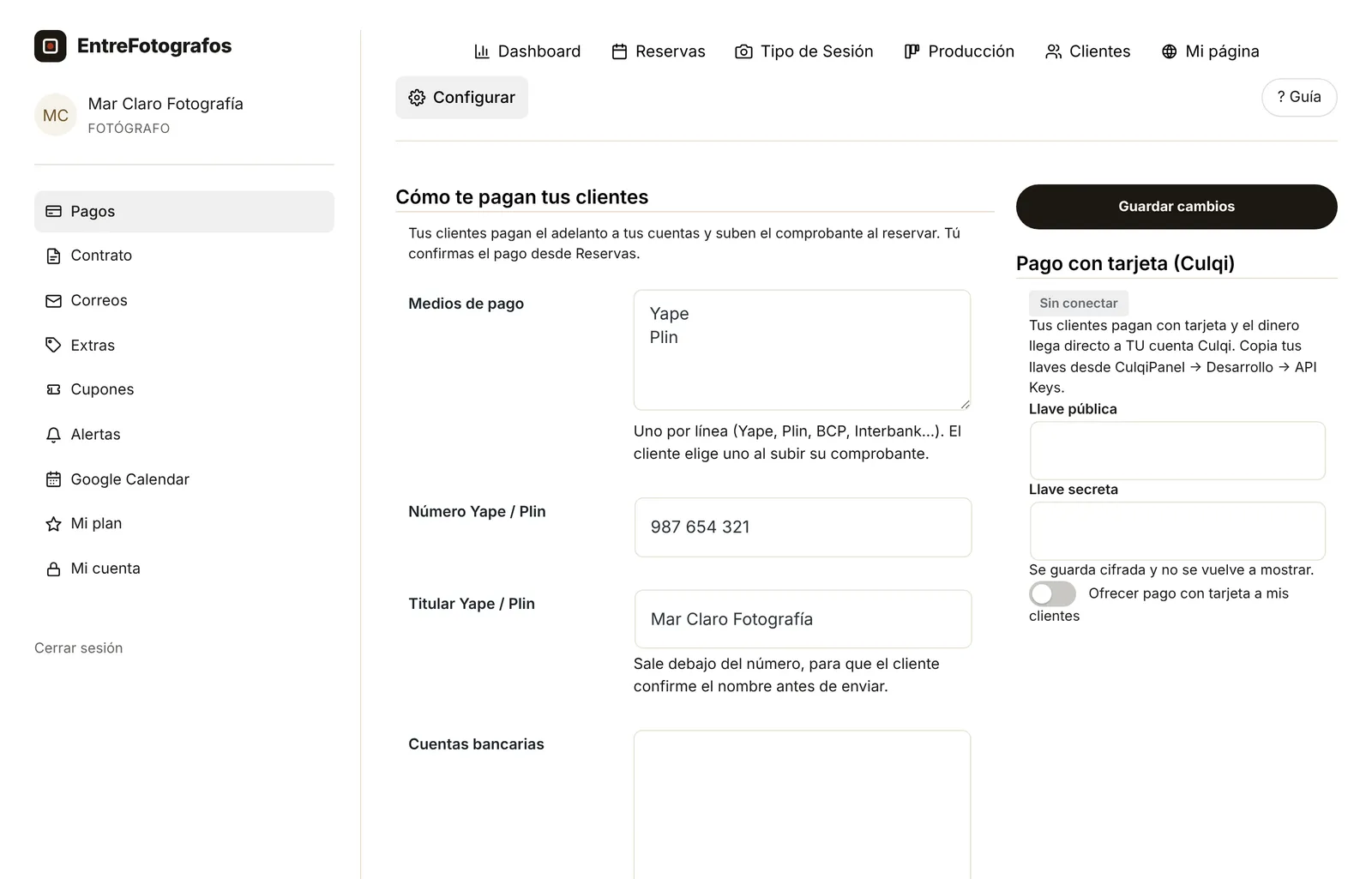 Configuración de medios de pago: Yape, Plin, cuentas y Culqi
