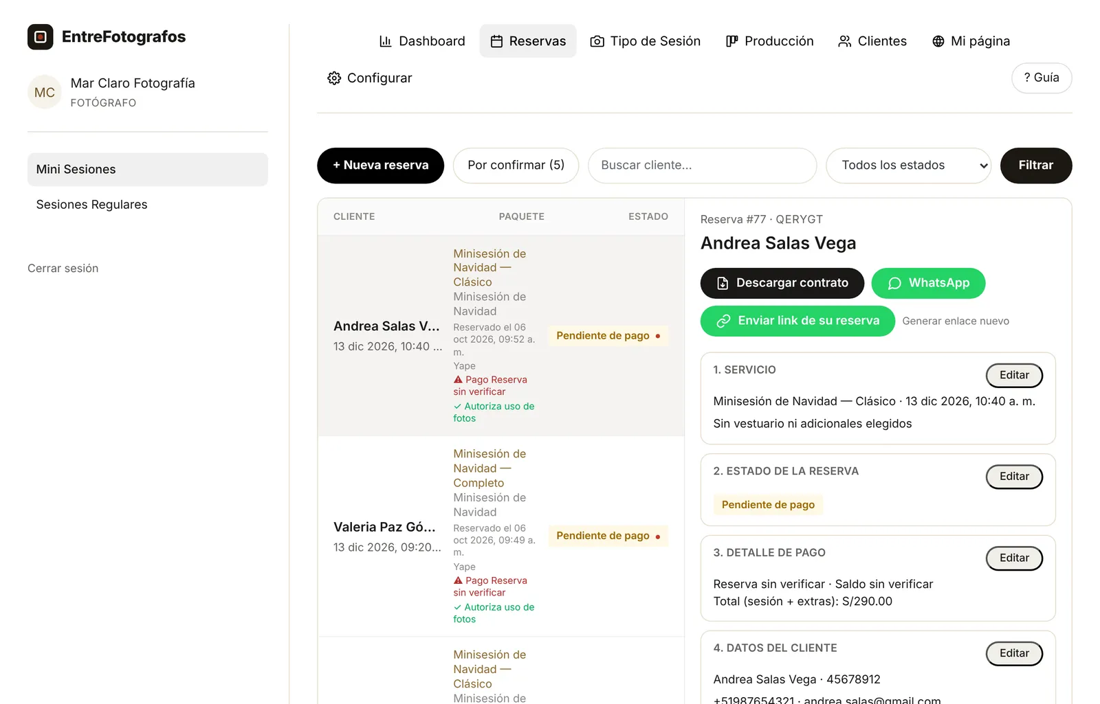 Panel del fotógrafo: lista de reservas y detalle de una reserva