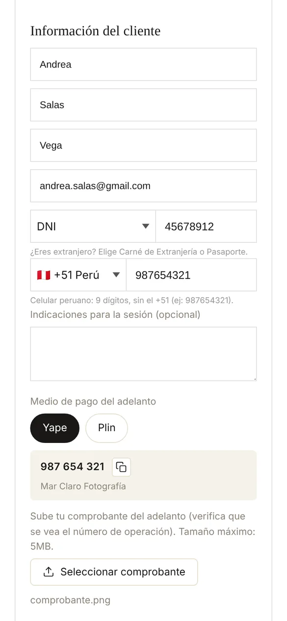 Formulario de reserva: medio de pago, comprobante y aceptación de términos